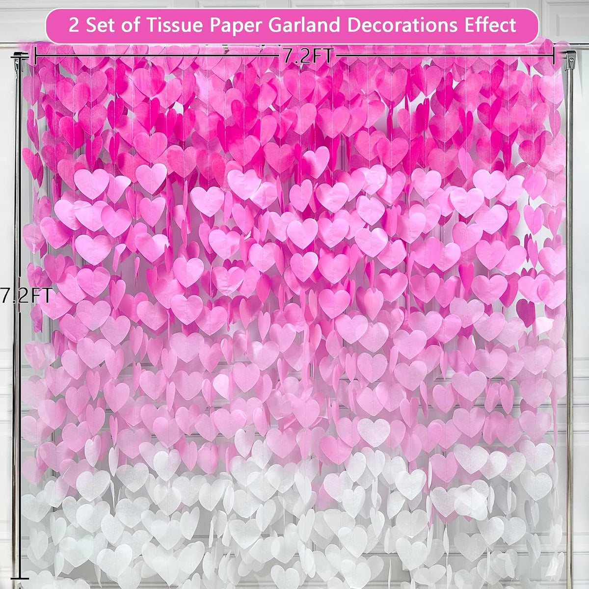 205 Ft Hot Pink Party Decorations Ombre Pink White Heart Backdrop Streamer Tissue Paper Heart