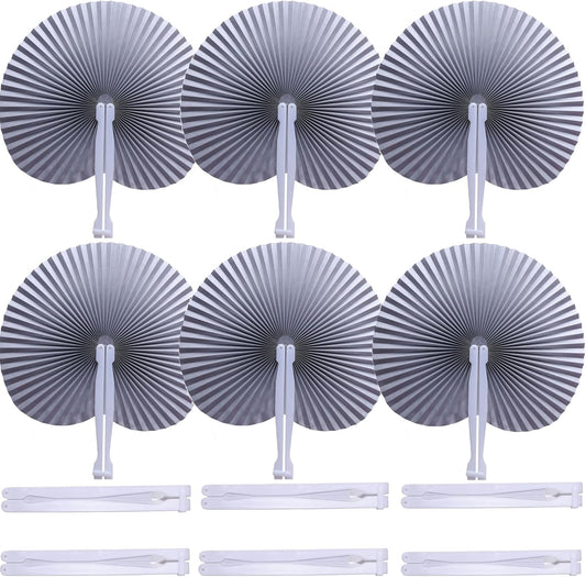 12 Packs Decorative Paper Folding Hand Fans Handheld,Silver Round Foldable Wedding Fans Chinese and