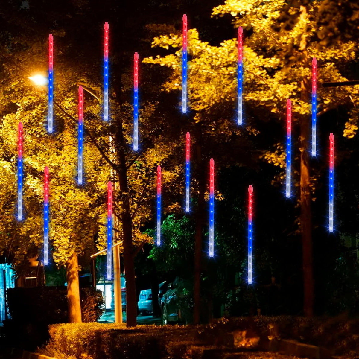 Dazzle Bright 4th of July Lights Decorations, 288LED Red Blue and White Meteor Shower Rain Lights