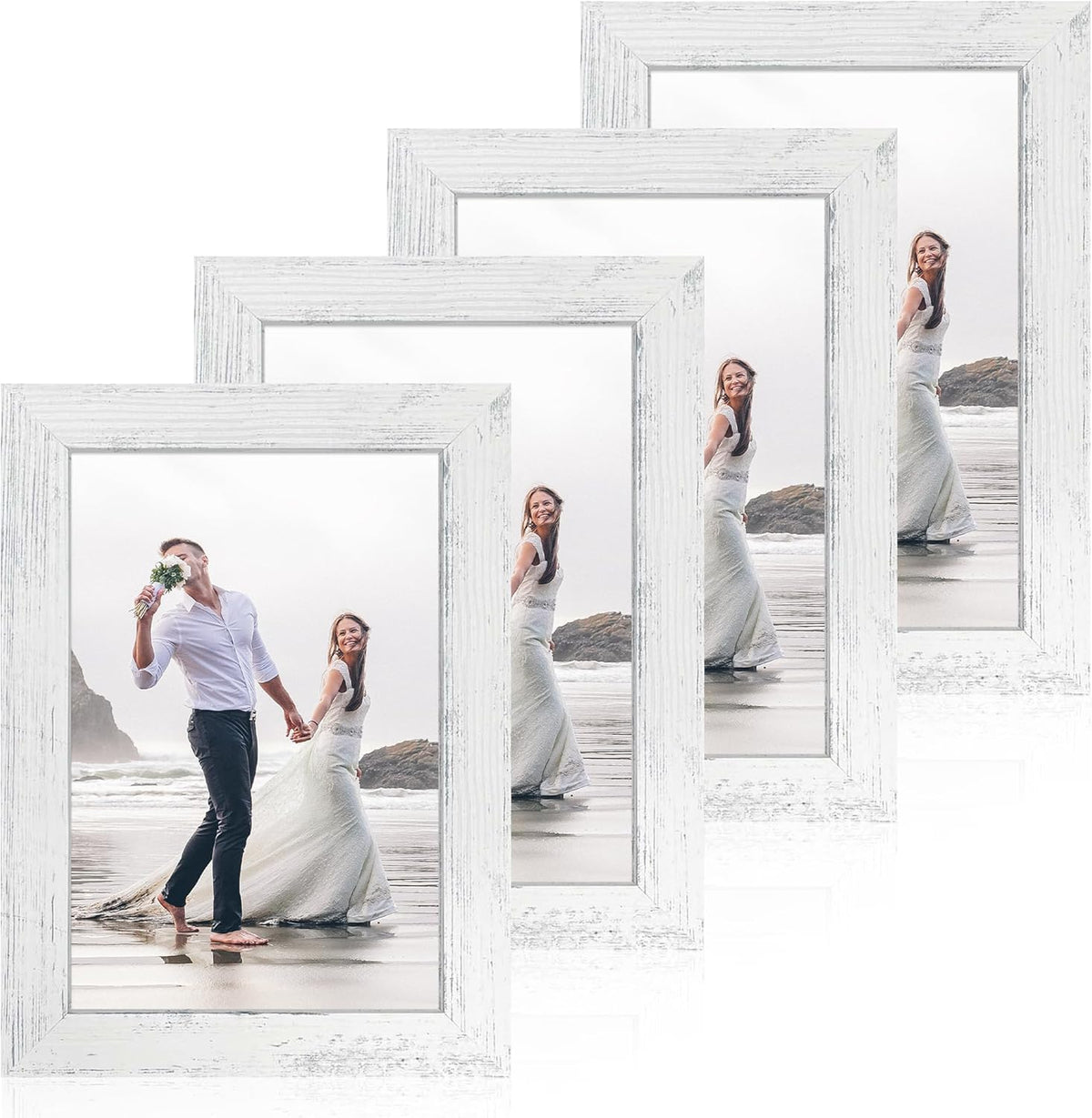 6x9 Picture Frame Set of 4, High Definition Glass Distressed White Frame, 6 x 9 Wood Photo Frames