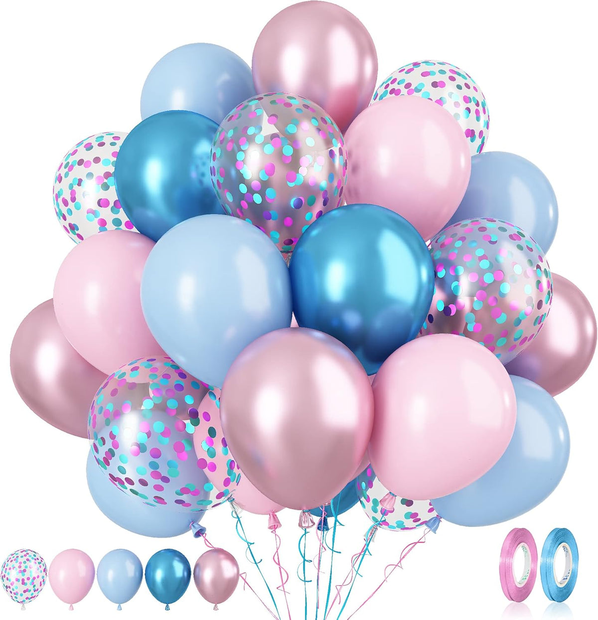 Paready Macaron Pink and Blue Balloons, 60 Pcs 12 Inch Baby Shower Party Balloons, Metallic Blue
