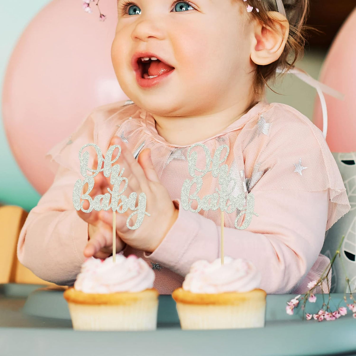 Gyufise 36 Pack Oh Baby Cupcake Toppers Silver Glitter Baby Shower Cupcake Picks Boys Girls