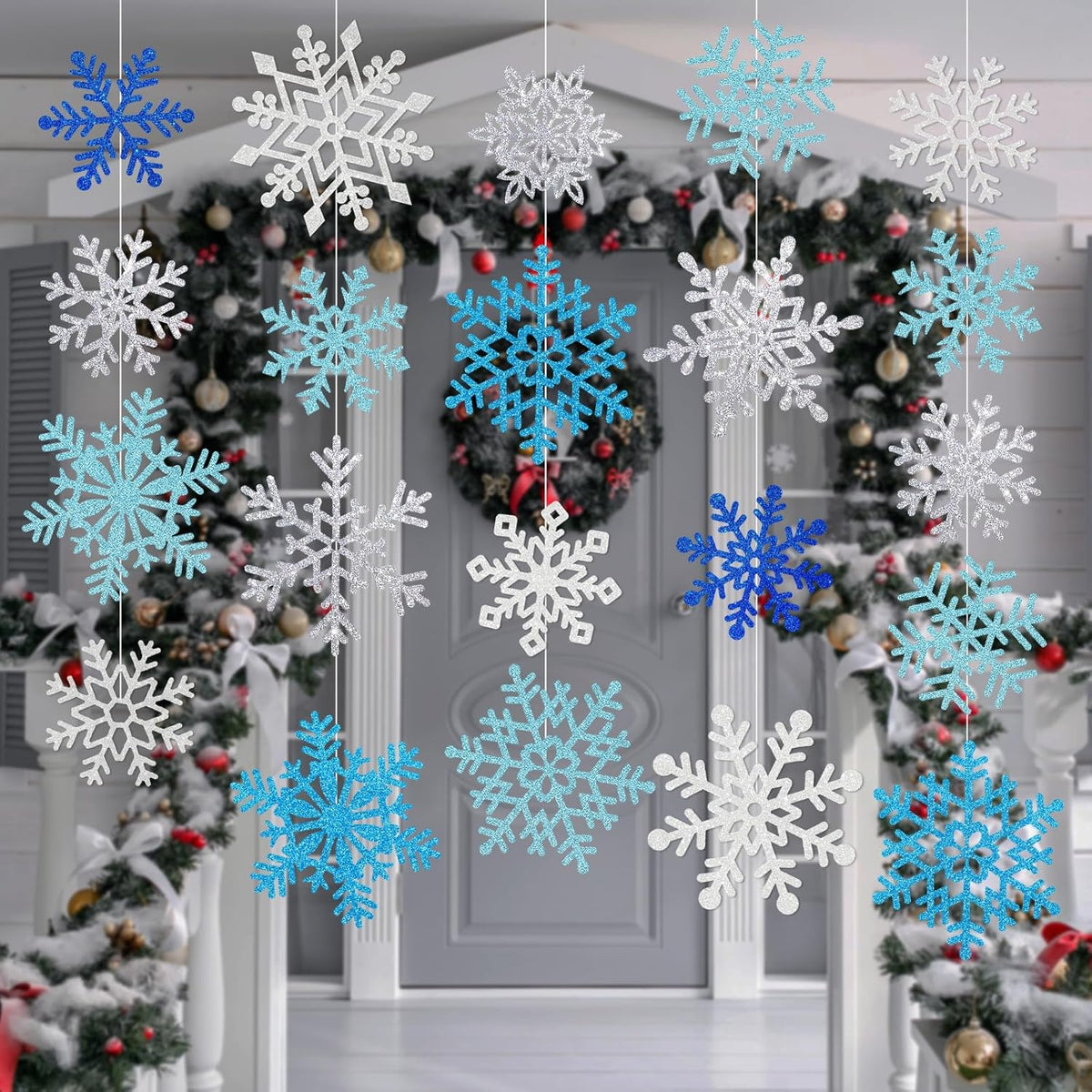 Winter Snowflake Cutouts - Glitter Paper Snowflake Decorations - 100Pcs Blue & Silver Double-Side