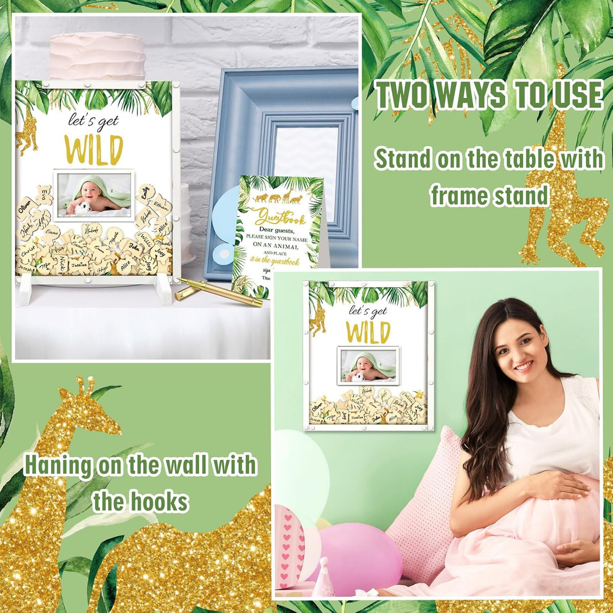 65 Pcs Jungle Animal Baby Shower Guest Book Alternatives He or She Gender Reveal Baby Shower
