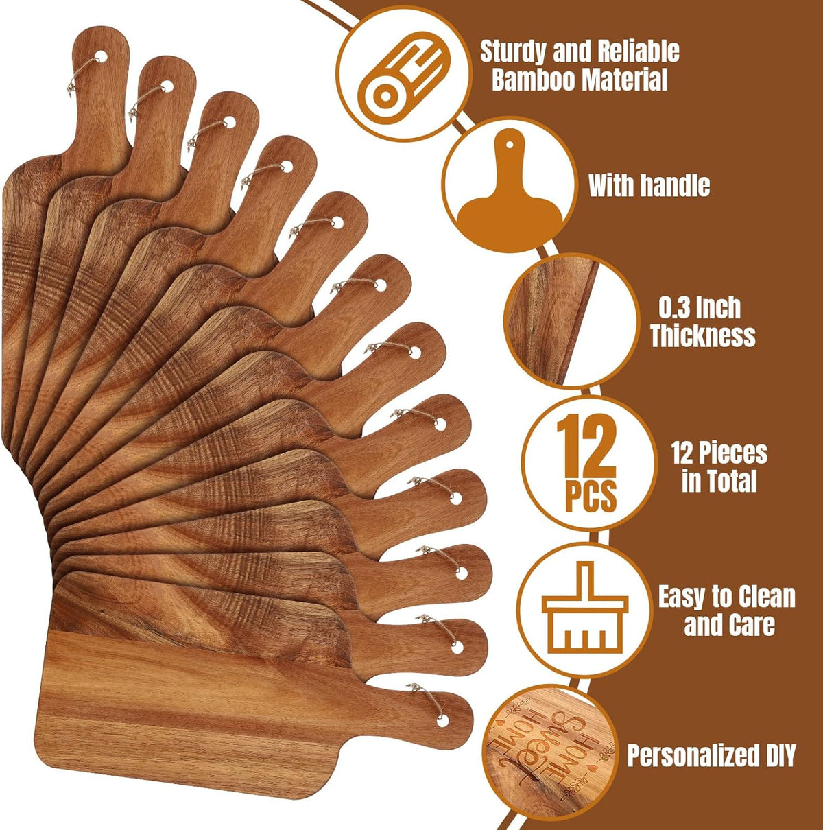 Patelai 12 Packs Wooden Cutting Board Set with Handles Large Kitchen Serving Plain Chopping Board
