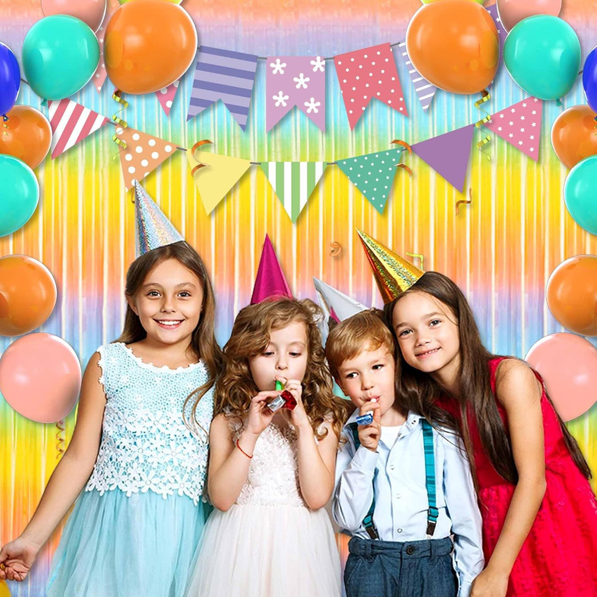 6 Pack Light Rainbow Foil Fringe Curtains Backdrop, 3.28 x 8.2 Ft Metallic Streamers Tinsel