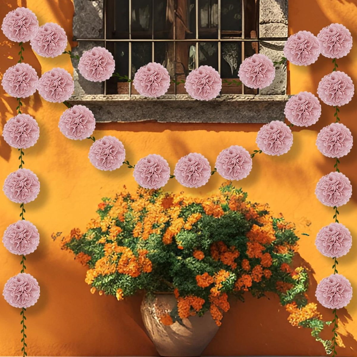 2 Pack Rose Pink Tissue Paper Pom Pom Garlands Hanging with Cloth Vine for Nature Garden Fence