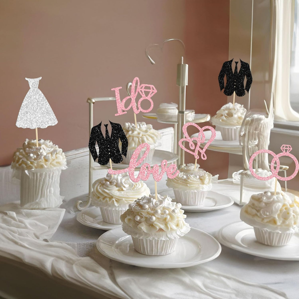 Gyufise 24Pcs Wedding Cupcake Toppers Glitter Groom and Bride Cupcake Picks Love I Do Ring Heart