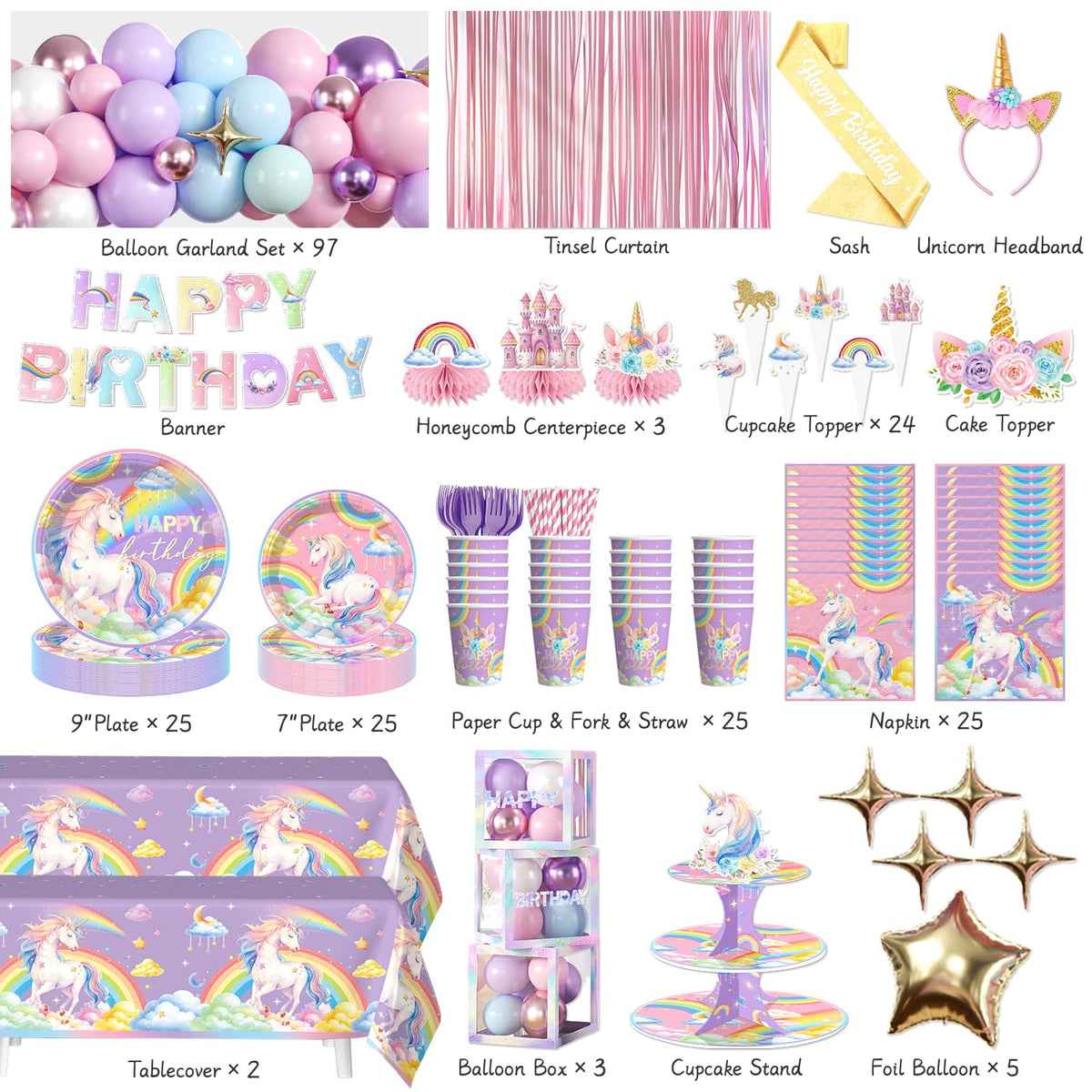296pcs Unicorn Birthday Decorations for Girl, All-in-One, Set for 25 Guests