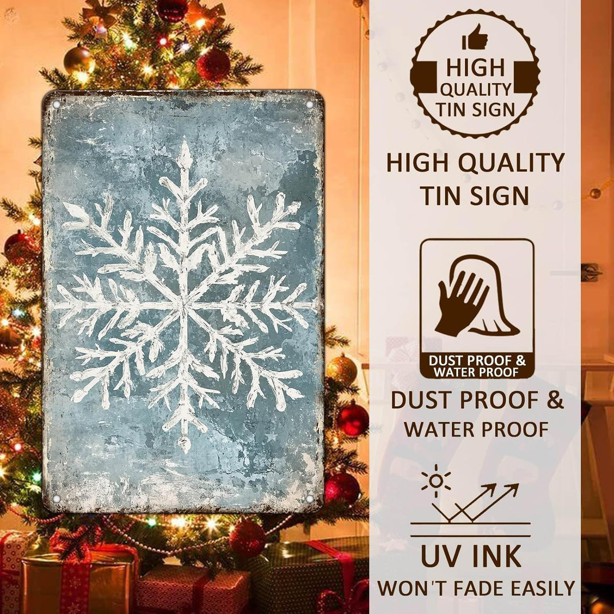 Vintage Christmas Tin Sign - Winter Snowflakes Metal Tin Sign - Wall Decor Sign for Outdoor