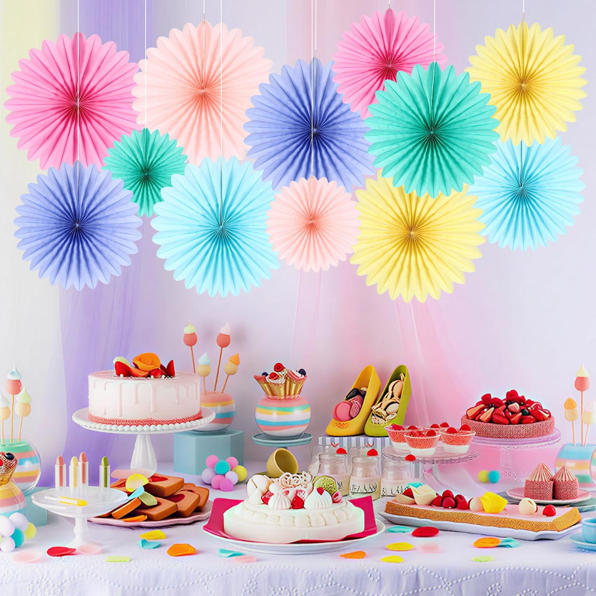 BestoFun 12PCS Paper Fans Pastel Rainbow Colorful Party Decorations Tissue Paper Flowers