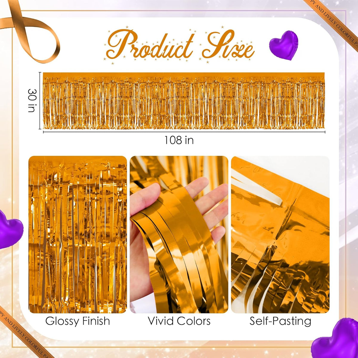 2 Pack Dark Purple Orange Table Skirts, 29x108" Metallic Foil Tinsel Fringe Table Skirt for