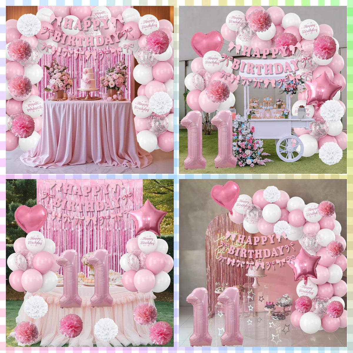 11th Birthday Decorations for Girls Pink Number 11 Balloon Bow Coquette Happy Birthday Banner