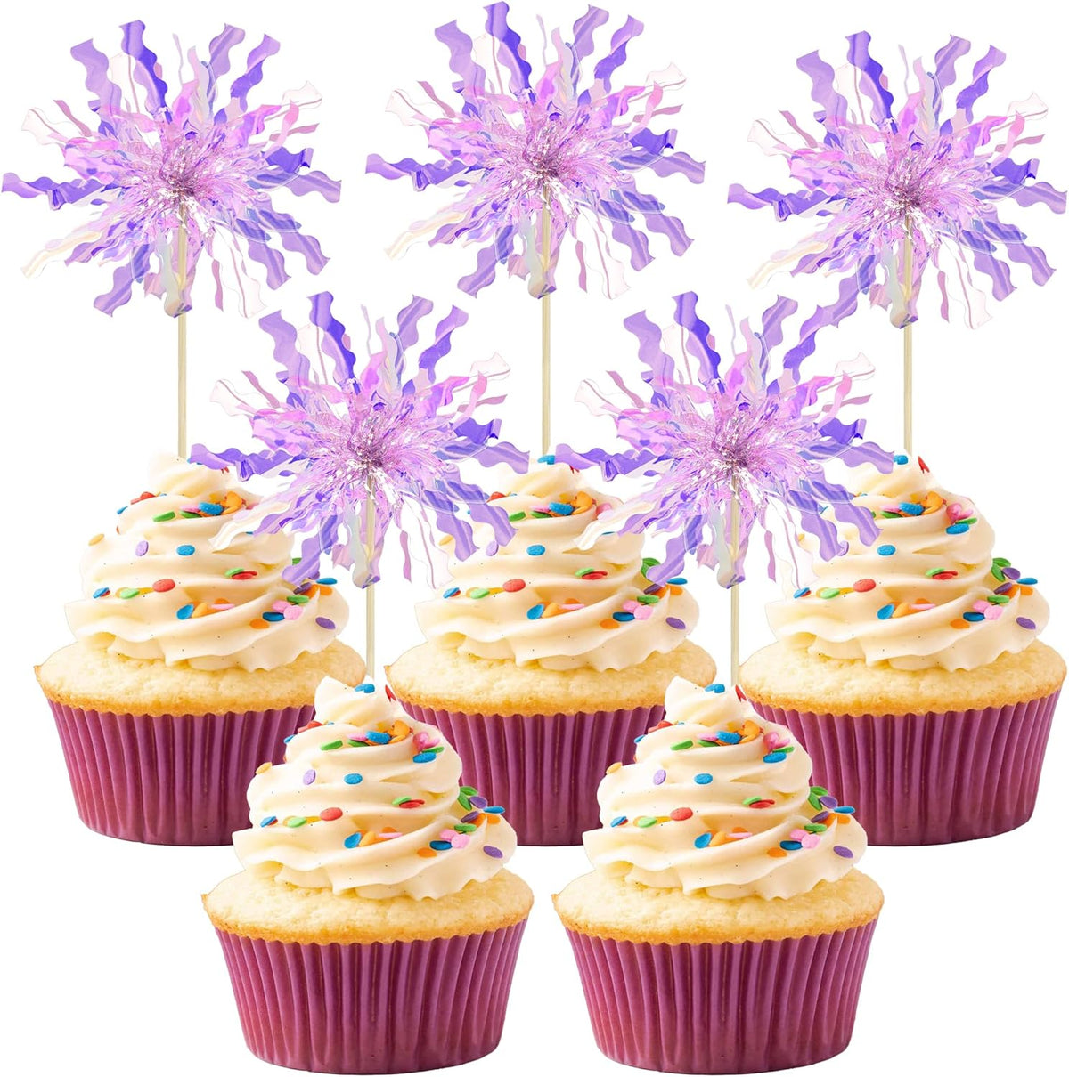 Gyufise 30Pcs Foil Firework Cupcake Toppers Happy Birthday Cake Toppers Tinsel Flower Drink