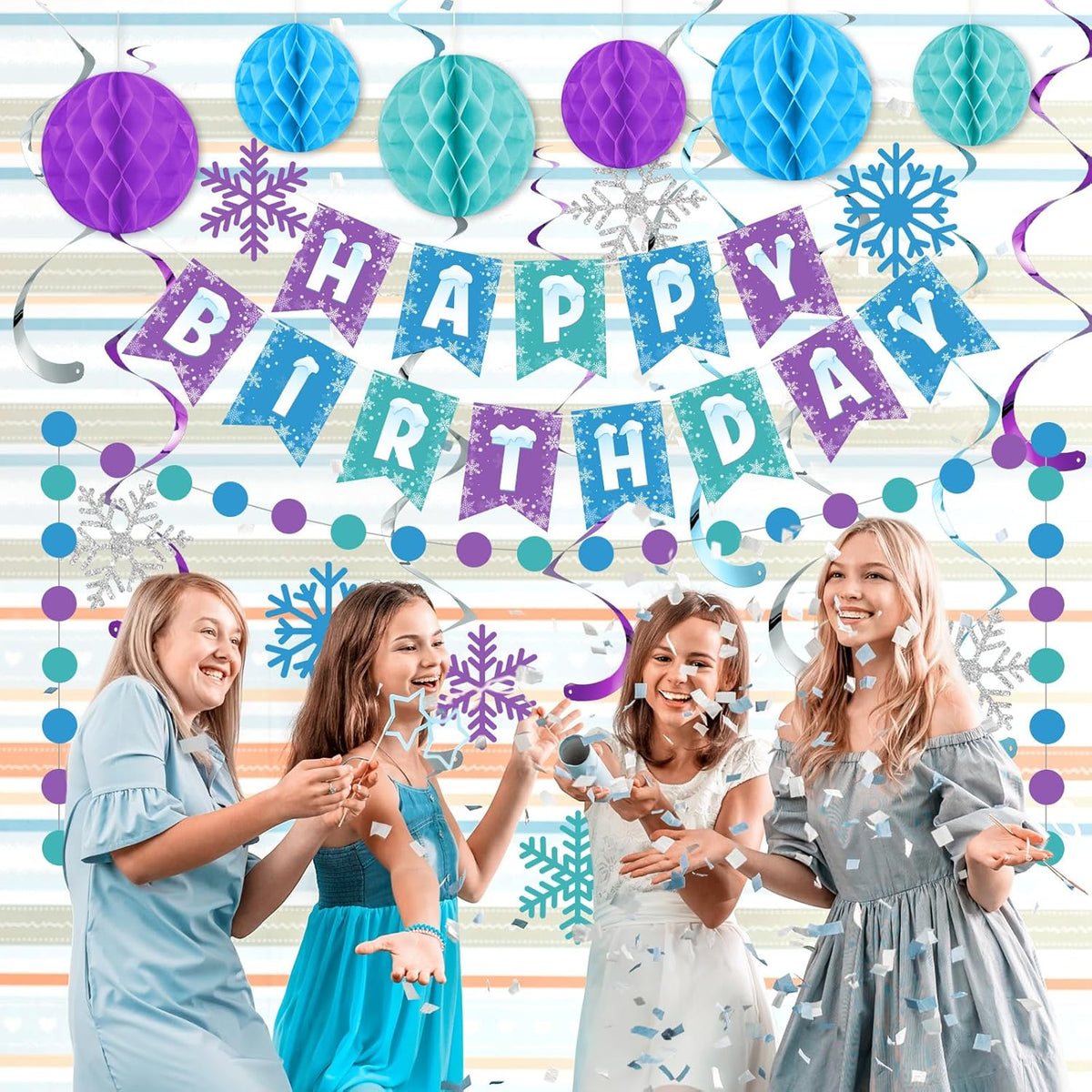 Funrous Snowflake Birthday Decorations Happy Birthday Banner Snowflake Hanging Swirls Honeycomb