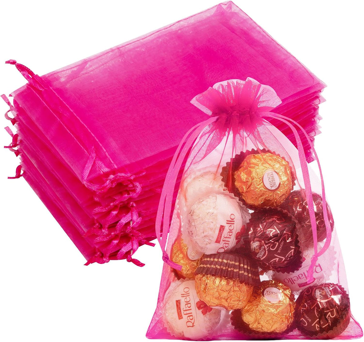 50 Pcs Hot Pink Organza Gift Bags 5x7 Inch, Small Mesh Bags Drawstring Jewelry Pouch Bags Goody
