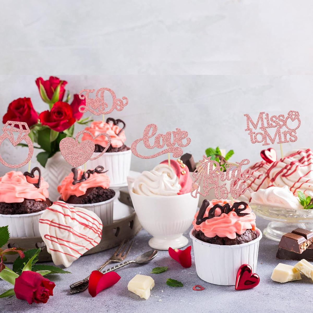 Gyufise 24Pcs Bride to Be Cupcake Toppers Rose Gold Glitter I Do Love Heart Ring Miss To Mrs