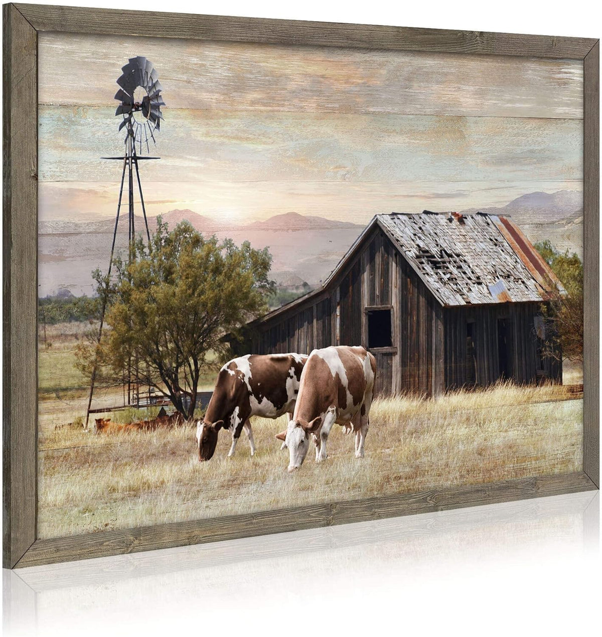 Nature Scene Wooden Framed Art：Horses&Vintage House under the Mountain Painting Print with Framed