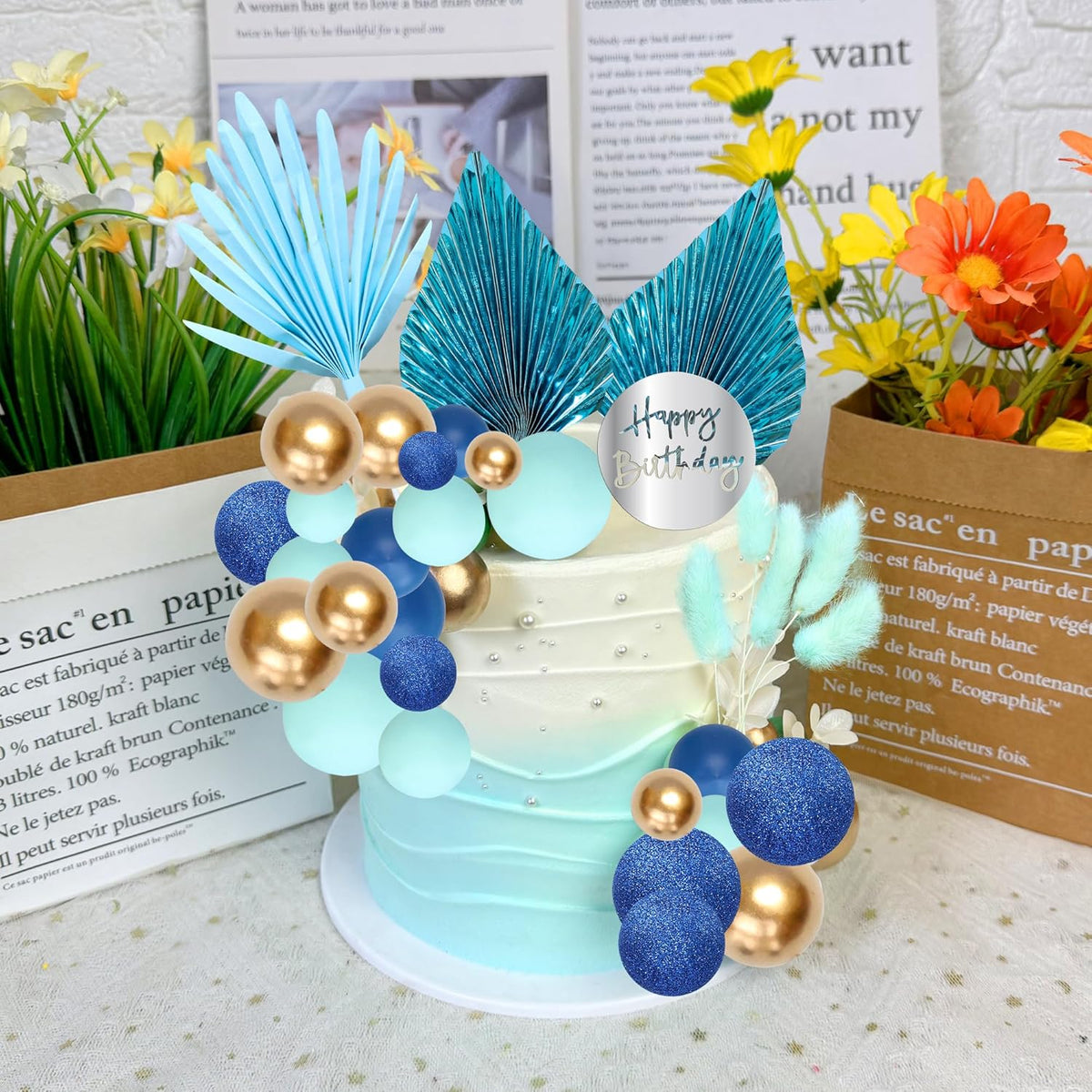 Ephlyn 33 Pack Balls Cake Toppers Boho Palm Leaves Cake Decorations Round Acrylic Happy Birthday