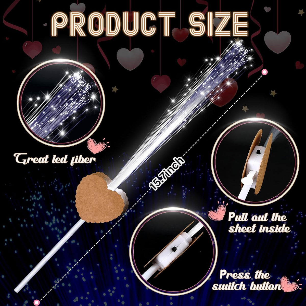 50 Pcs Wedding Sparklers Heart Shaped LED Glow Sticks Fiber Optic Wands Light up Wand with 3 Light