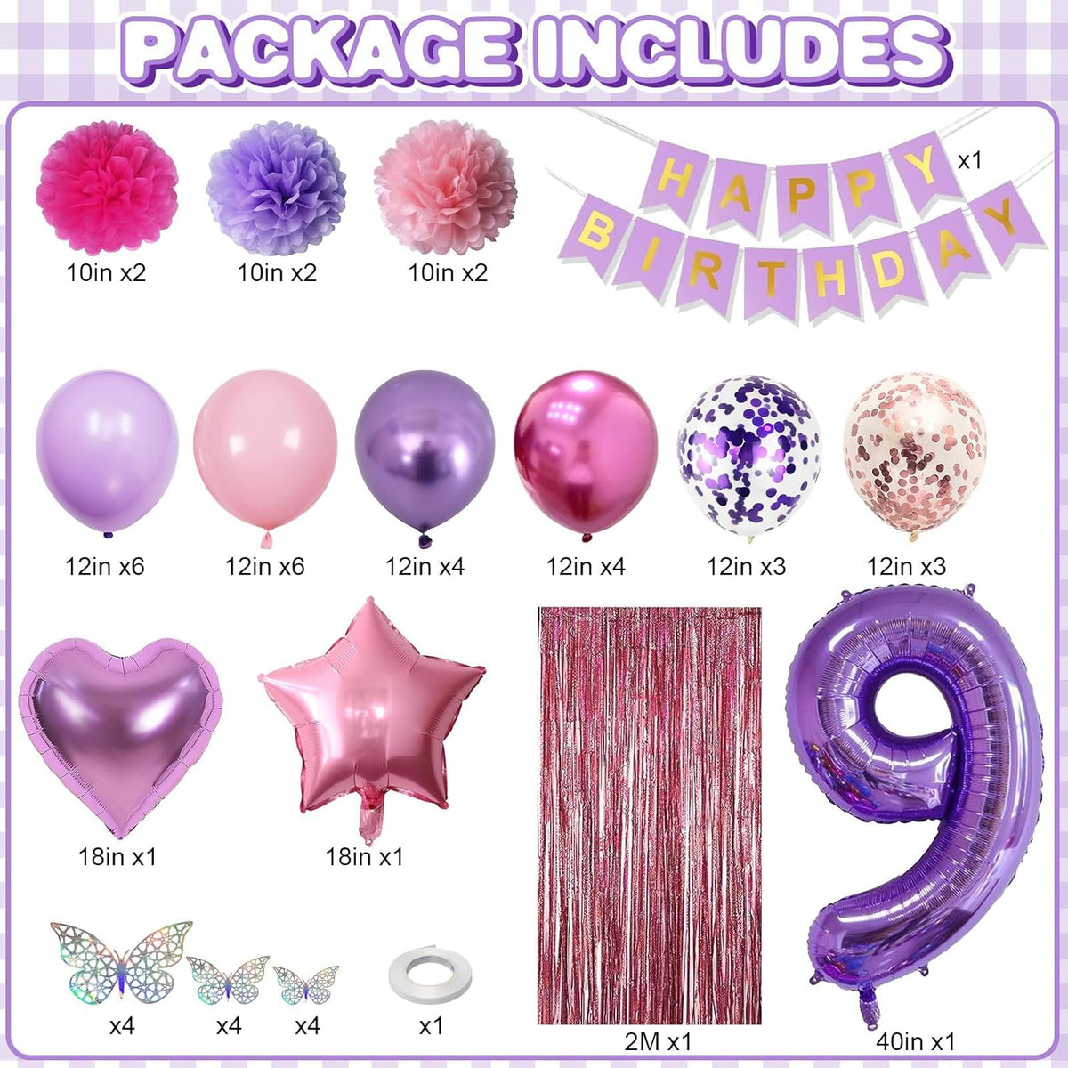Pink Purple 9th Birthday Party Decorations for Girls Number 9 Balloon Happy Birthday Banner