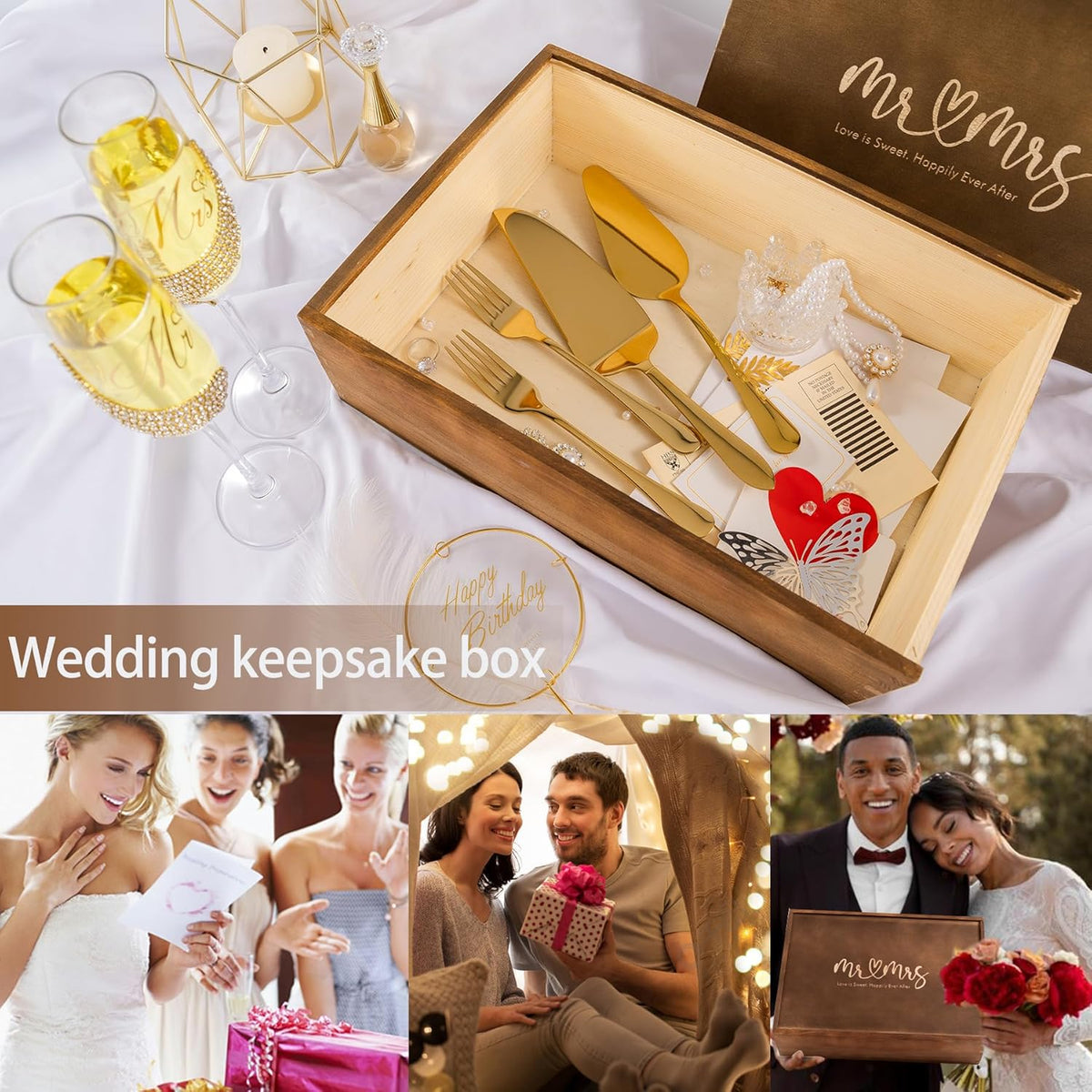 Wedding Cake Knife and Server Set, Gold Mr and Mrs Champagne Flutes and Cake Cutting Set for