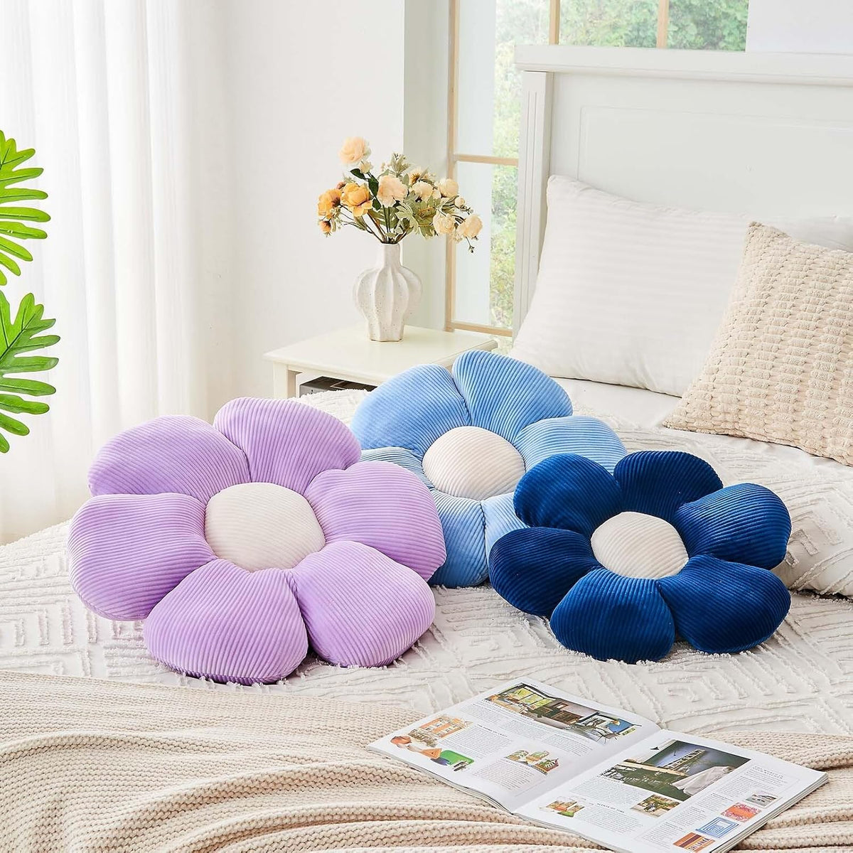 Navy Flower Pillow, 17.7" Cute Flower Shaped Floor Pillow, Aesthetic Floral Plush Daisy Decorative