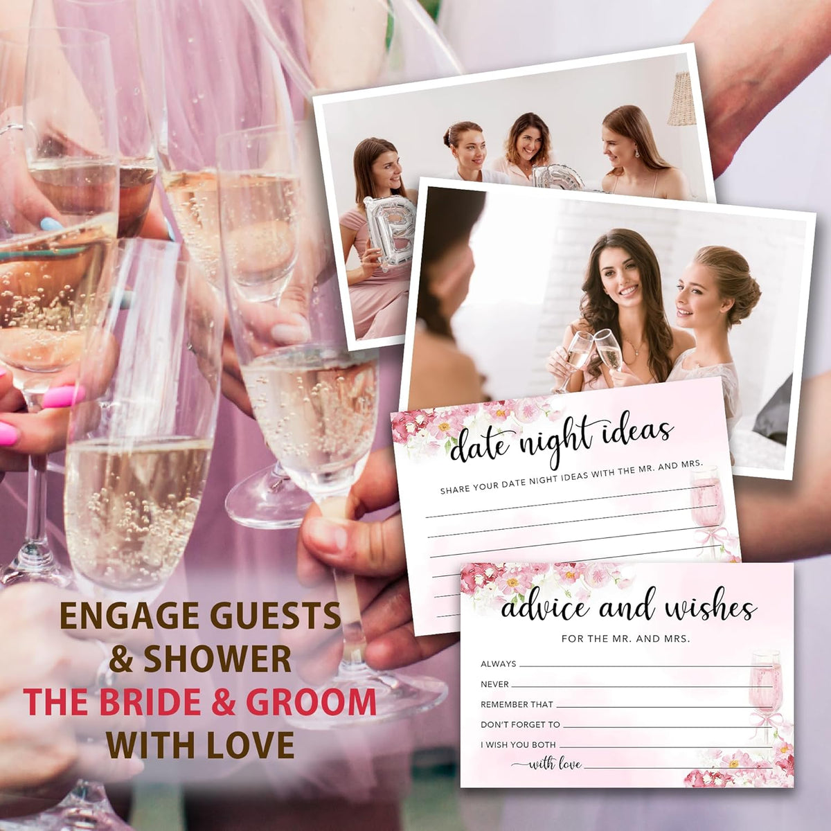 50 Pcs Advice and Wishes for the Mr and Mrs Cards in Box - Bridal Shower Guest Book - Perfect for