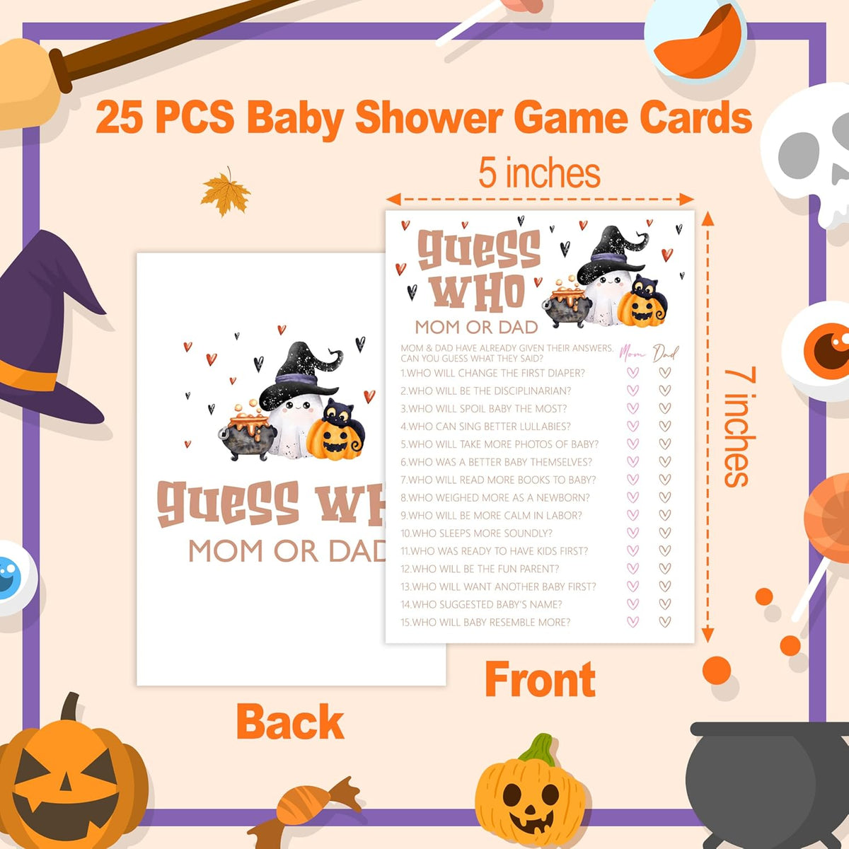 Baby Shower Games, Halloween Guess Who Mom or Dad, 25 Double-Sided Game Cards for Gender Reveal