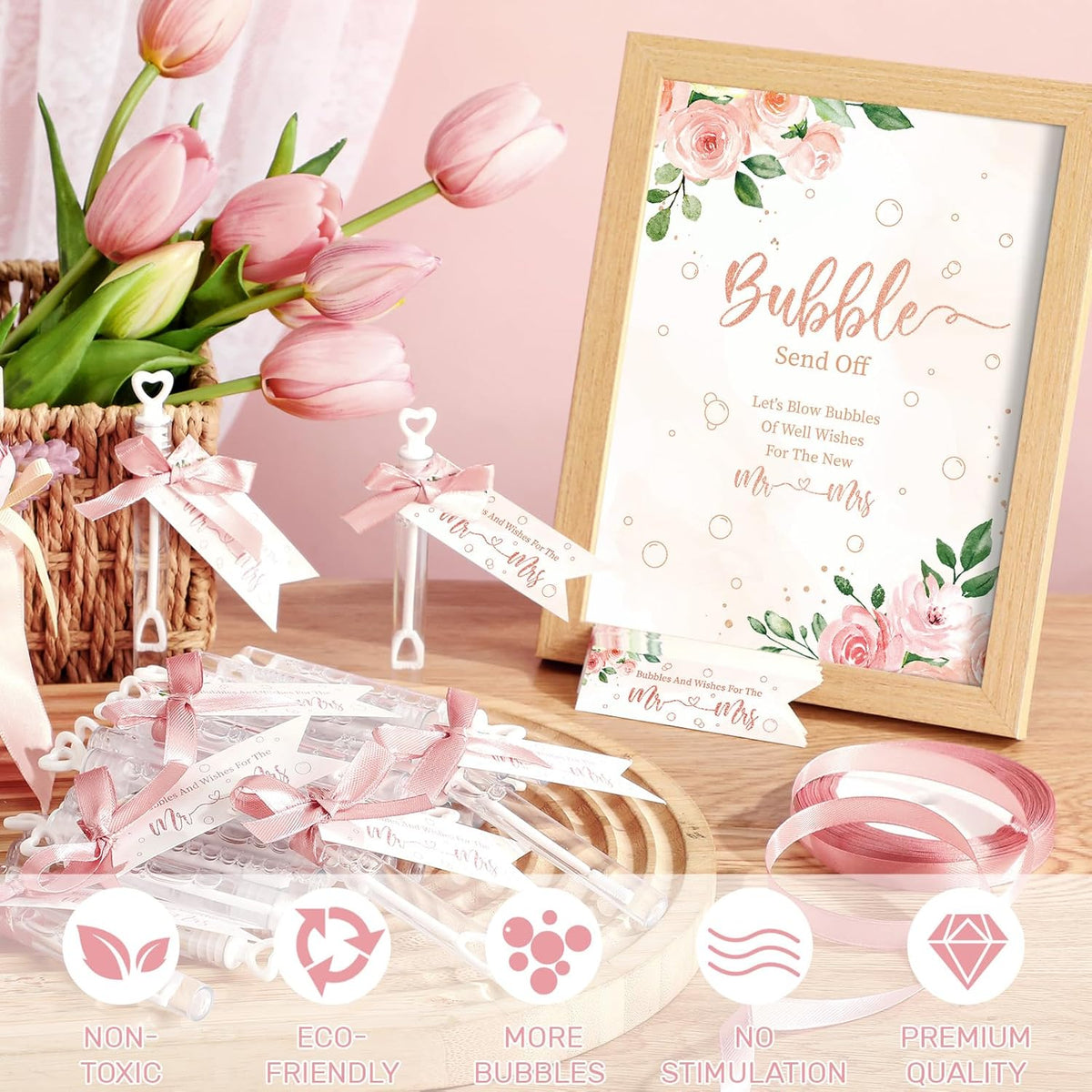 405 Pcs Wedding Bubbles Wands Set Include Heart Bubble Wands Bubbles Send Off Cards Gift Tags Wood