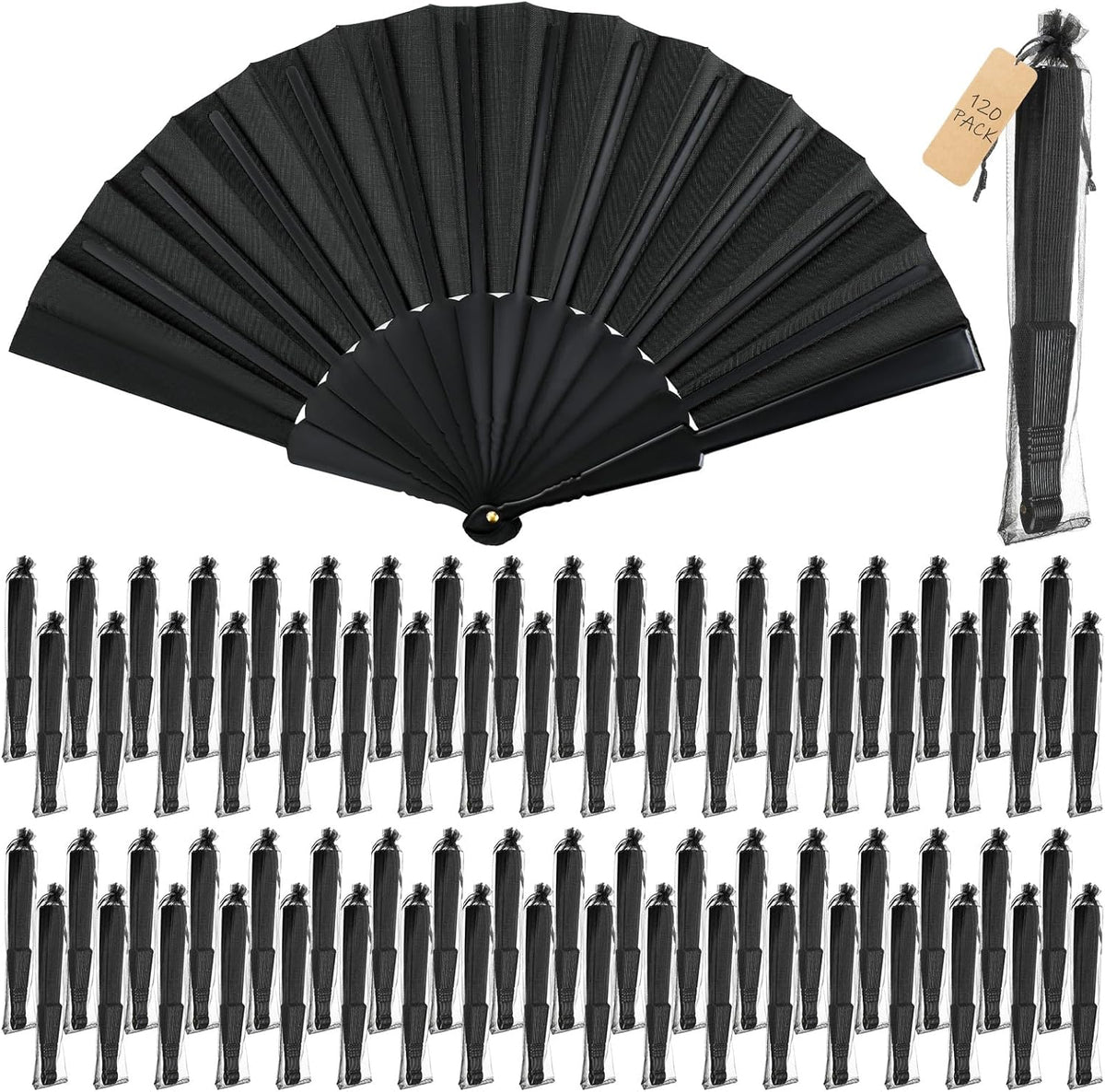 Wenqik 120 Pcs Wedding Folding Hand Fans Bulk Silk Fabric Chinese Handheld Foldable Clack Fans with