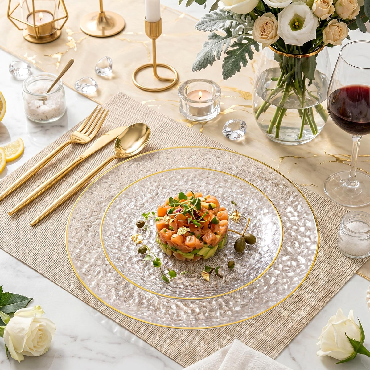 Rubtlamp 60Pcs Clear Plastic Plates,Clear Disposable Plates With Gold Rim,Heavy-duty Gold