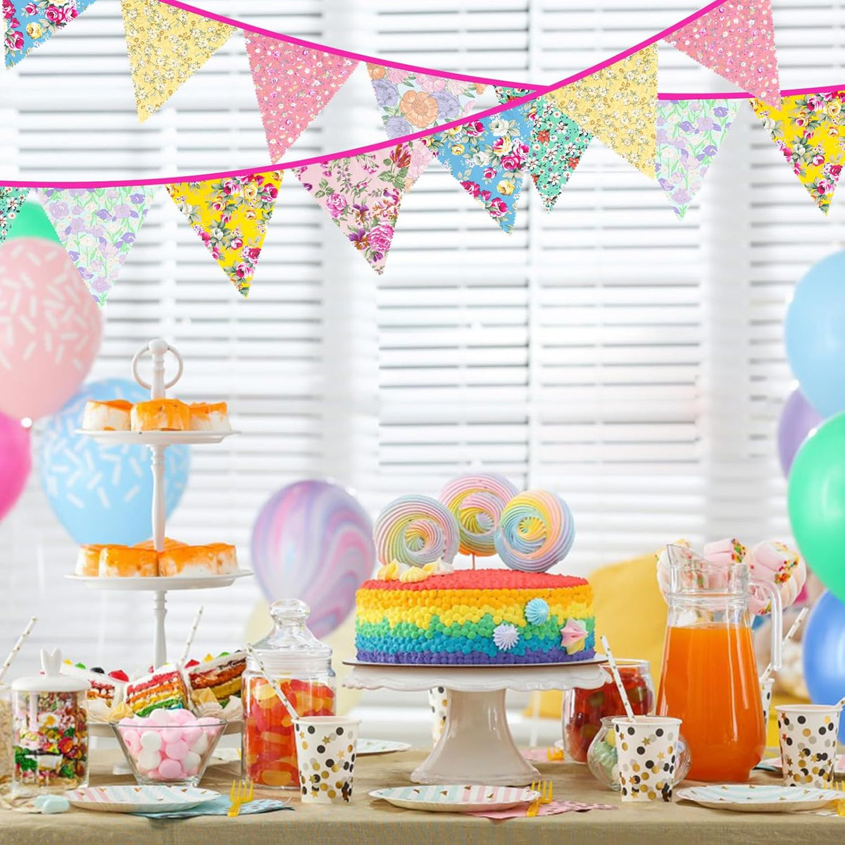jijAcraft 39Ft Triangle Bunting Banner, 42Pcs Tea Floral Party Bunting Cotton Fabric Flags Pennant