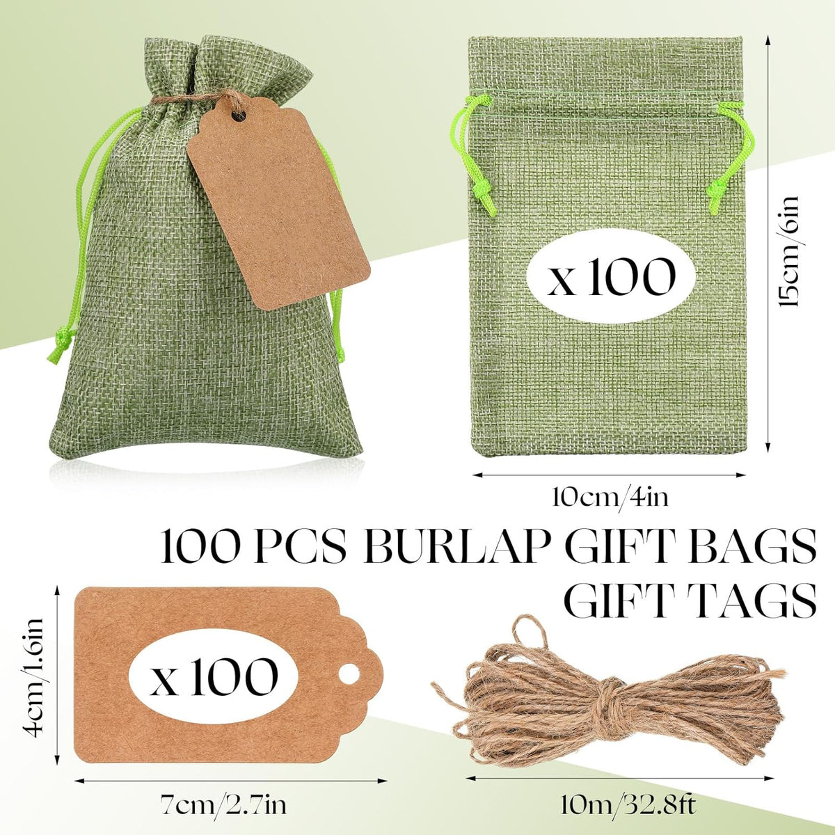 Woanger 100 Pcs Burlap Gift Bags with 100 Pcs Kraft Paper Gift Tags with Drawstring Favor Bulk