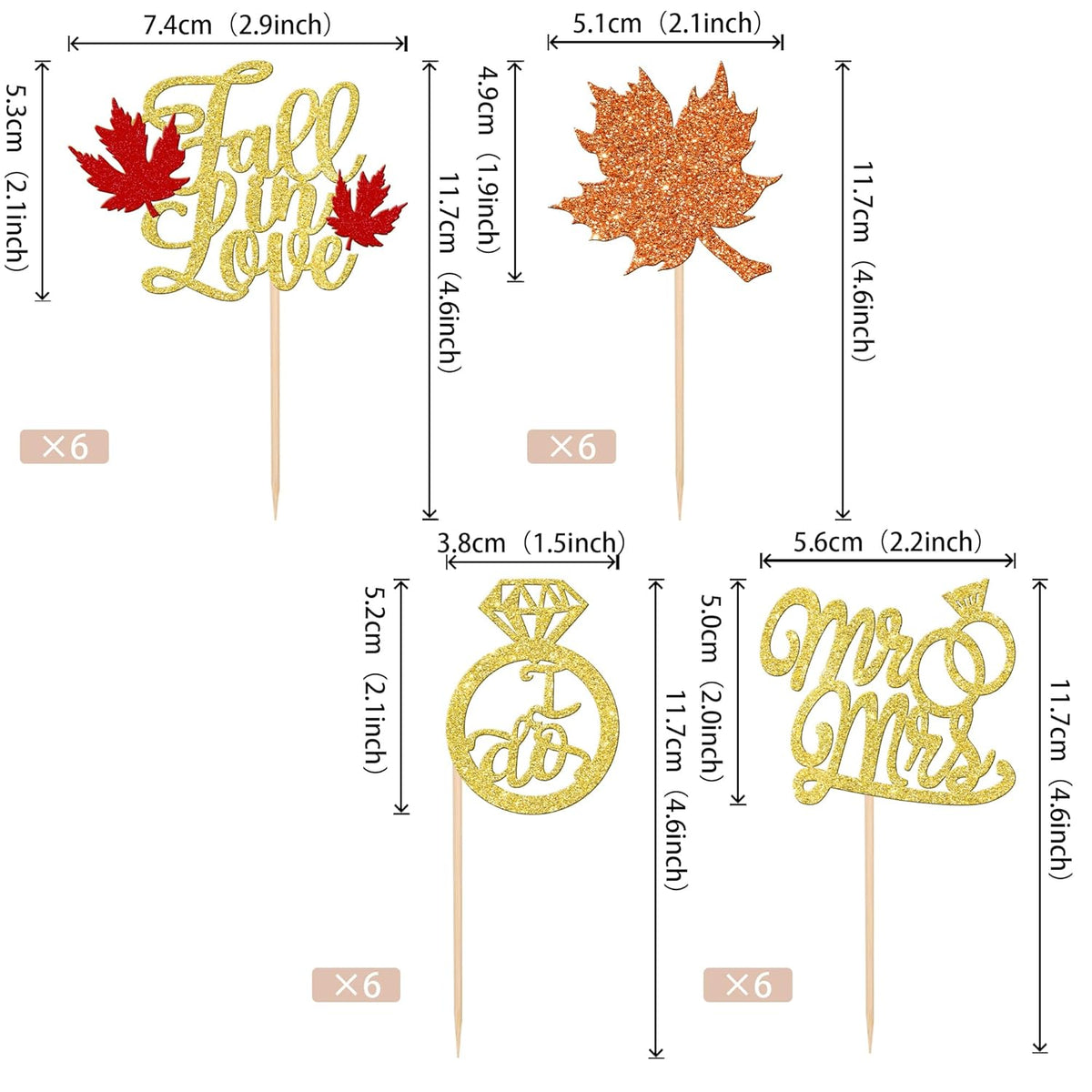 24 PCS Fall in Love Cupcake Toppers Glitter Maple Leaf Cupcake Picks Mr & Mrs Diamond I Do Cupcake