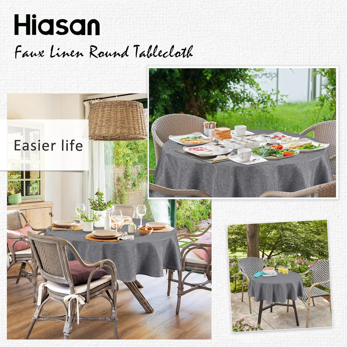 Hiasan Round Linen Tablecloth 50 Inch - Wrinkle and Stain Resistant Washable Polyester Fabric Table
