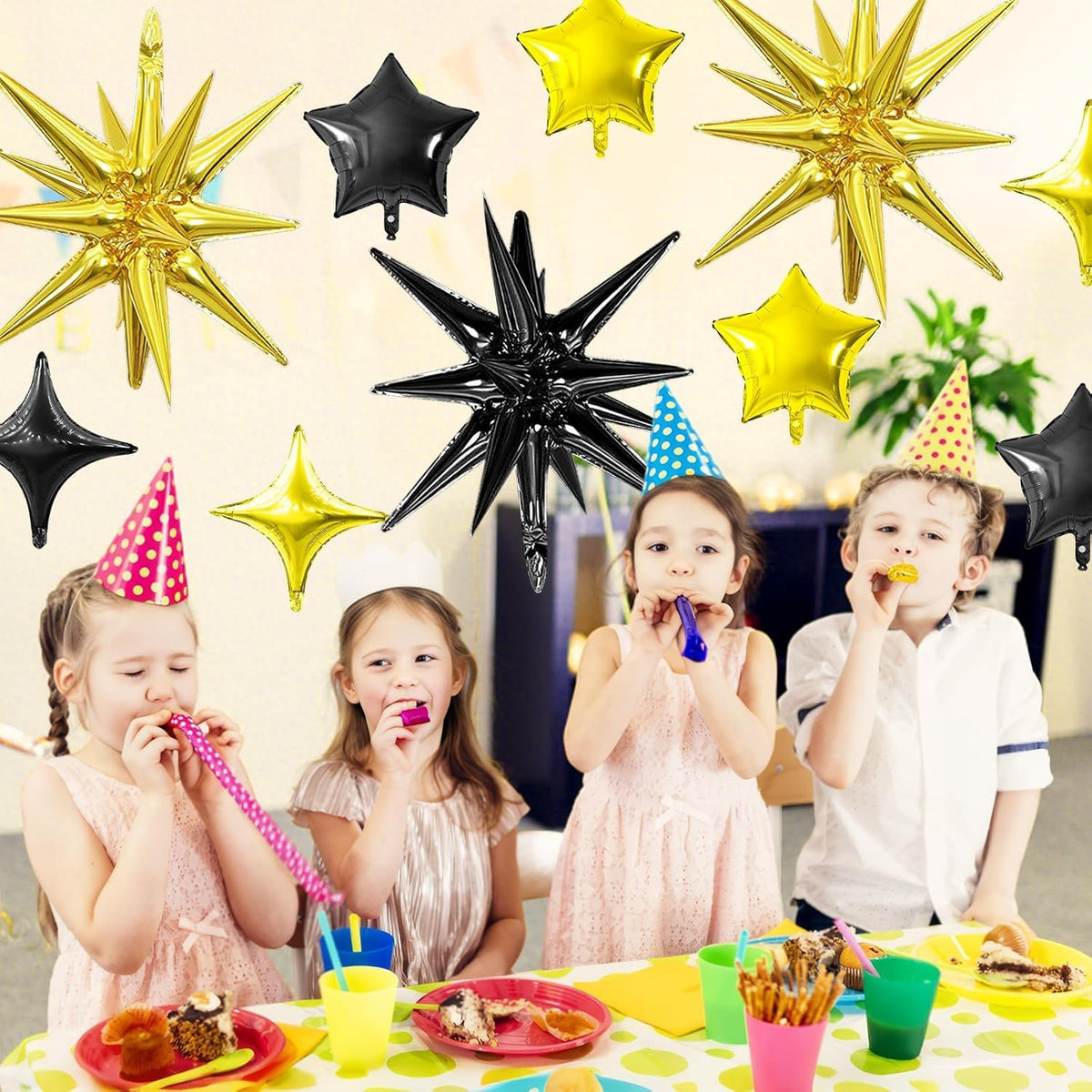 Black Gold Star Balloon,16Pcs Star Foil Balloons Set with 22Inch Explosion Spike Cone Balloons and