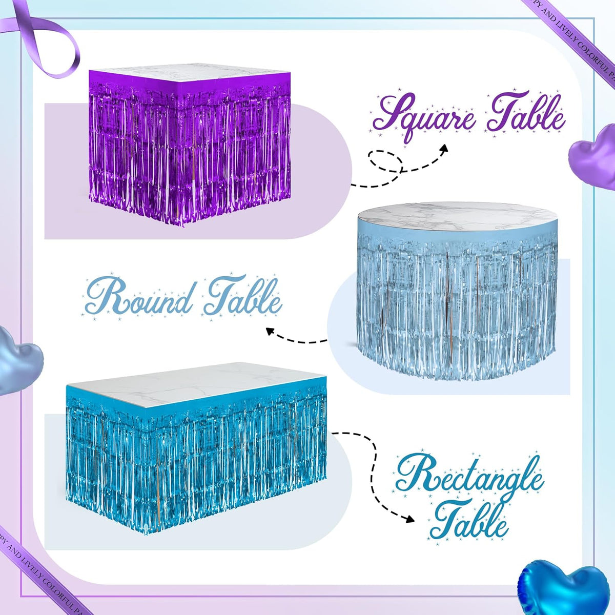 4 Pack Blue Purple Series Table Skirts, 29x108" Metallic Foil Tinsel Fringe Table Skirt for