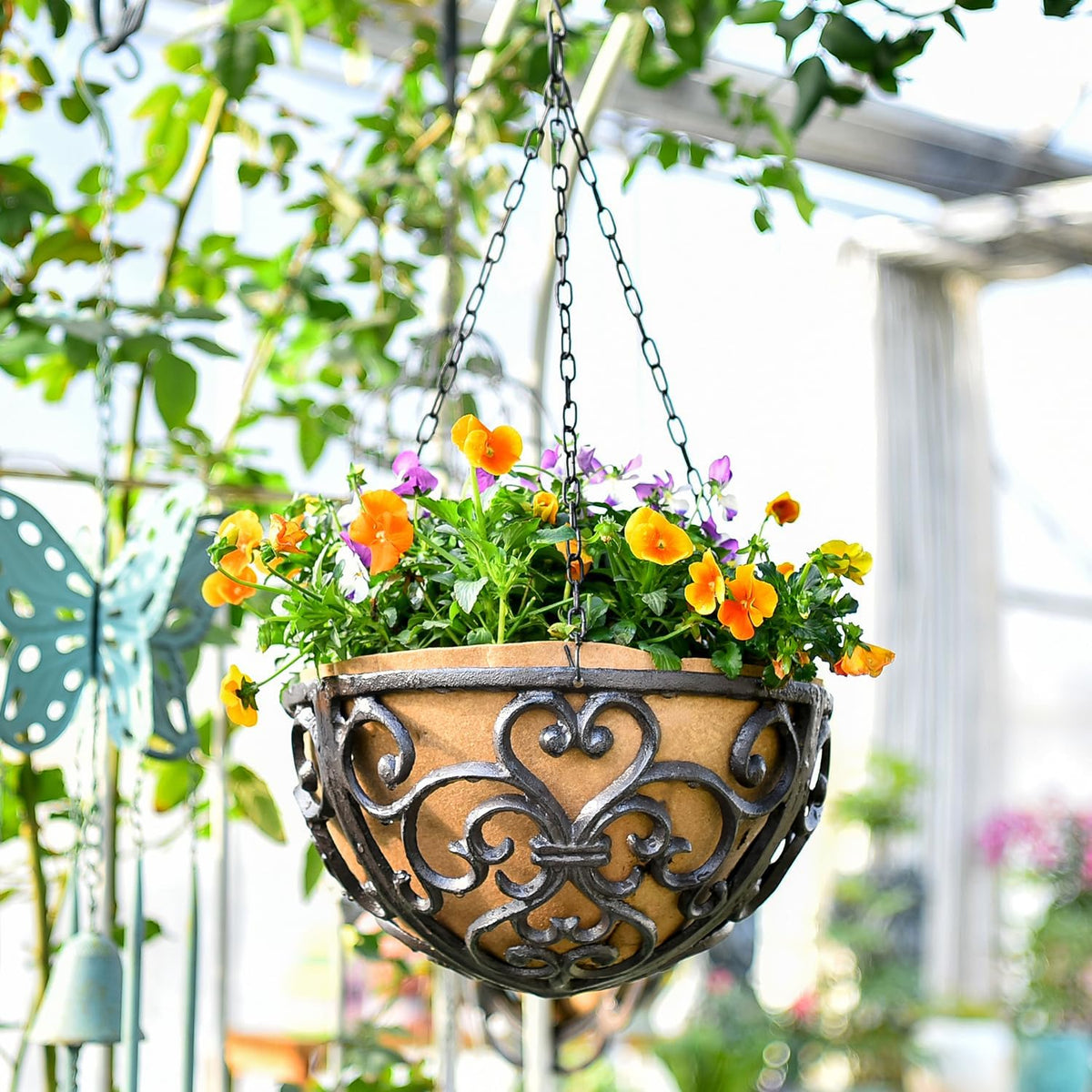 Sungmor 2PC 11" Dia. Large Cast Iron Hanging Baskets w/Fabric Liner, Rustic Brown Heavy-Duty
