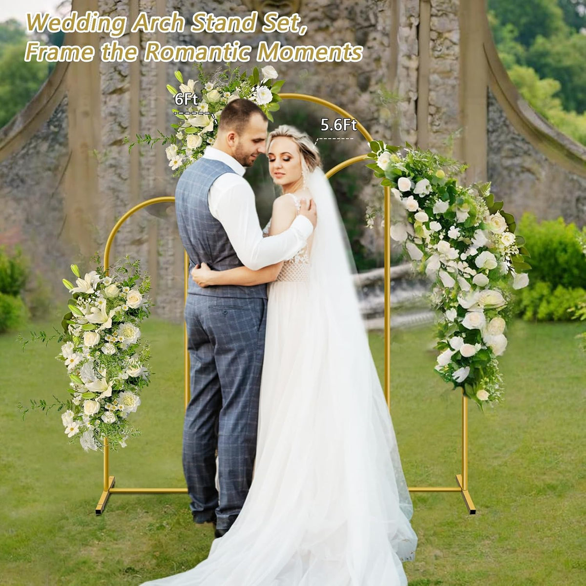 Metal Arch Backdrop Stand, Set of 3 (4/5/6 ft) Wedding Arched Frame with 12 Ground Nails, Stable