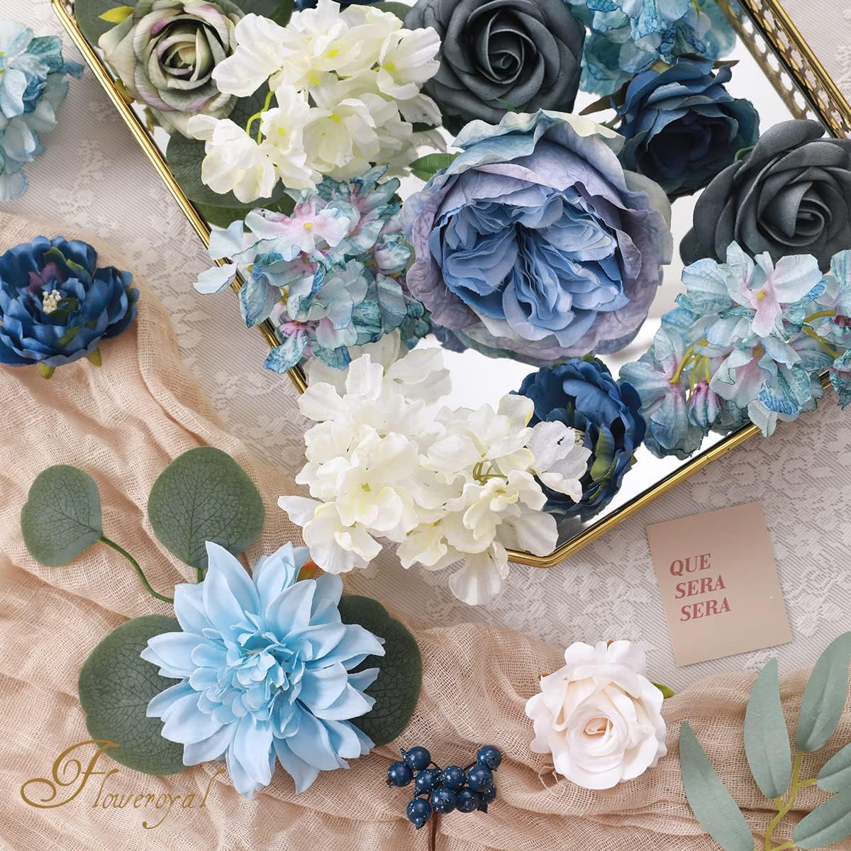 Floweroyal Artificial Flowers Combo Dusty Blue Flowers Mix Silk Flowers Dahlia Roses with Stems for