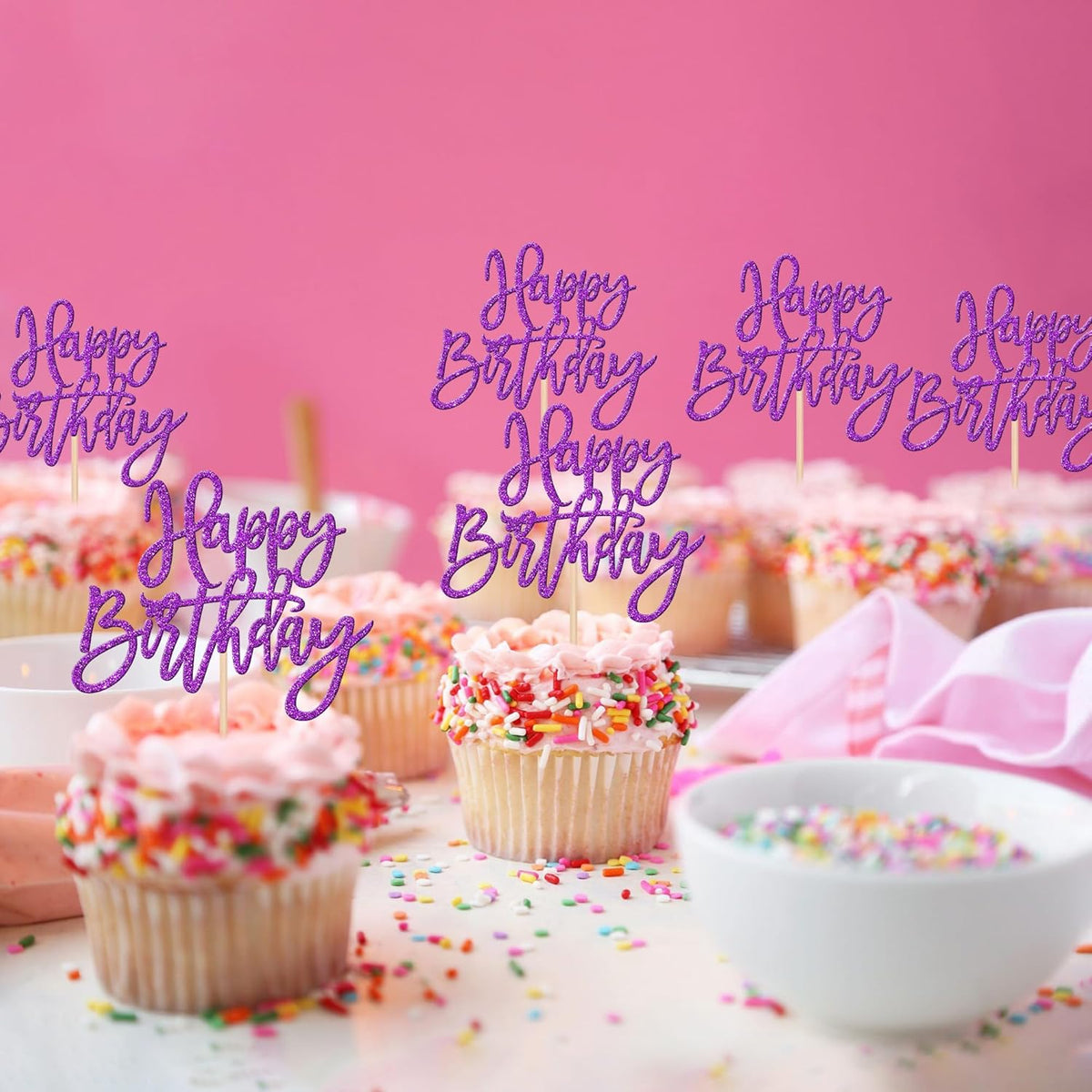 24 PCS Glitter Happy Birthday Cupcake Toppers - Purple Cupcake Picks for Celebrating Anniversary