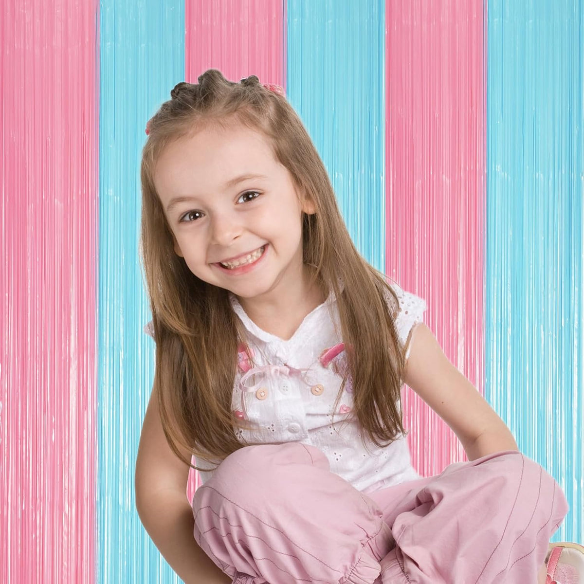 2 Pack Pastel Blue and Pink Foil Fringe Backdrop Curtains, Tinsel Streamers Party Decorations