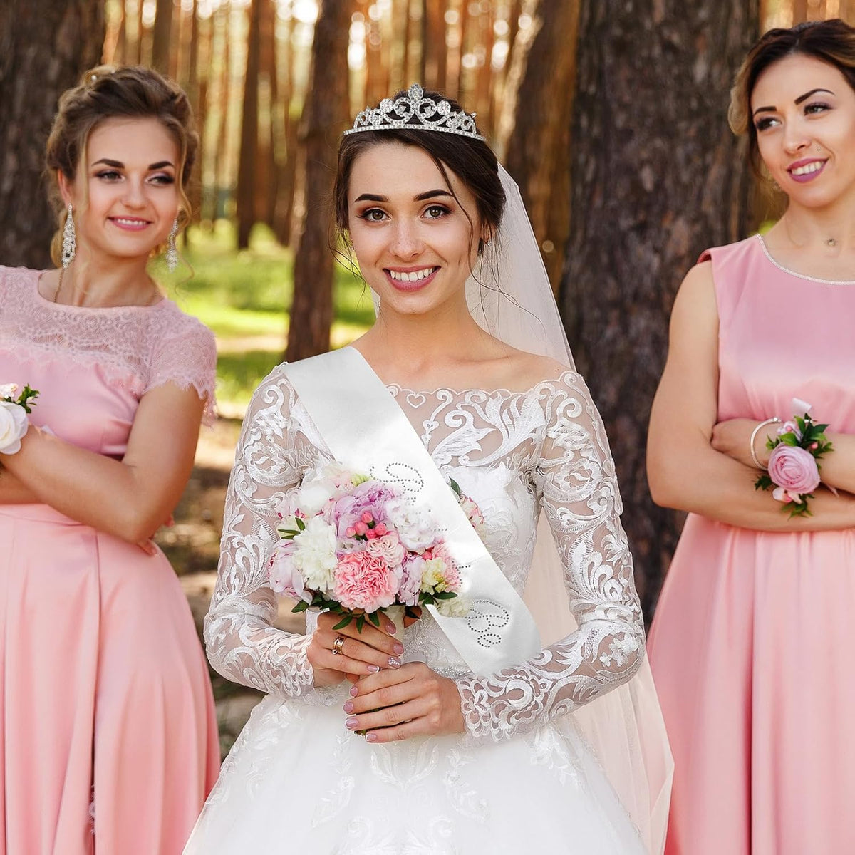 3PCS Bride Decorations Set – Satin Bride Sash, White Veil with Embroidered Letters, Silver Tiara