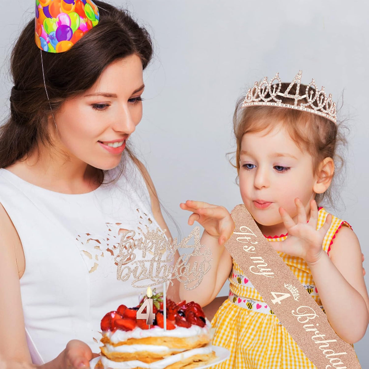4th Birthday Decorations for Girl Including Sash, Crown, Numeral Candle and Cake Topper, 4 Year Old