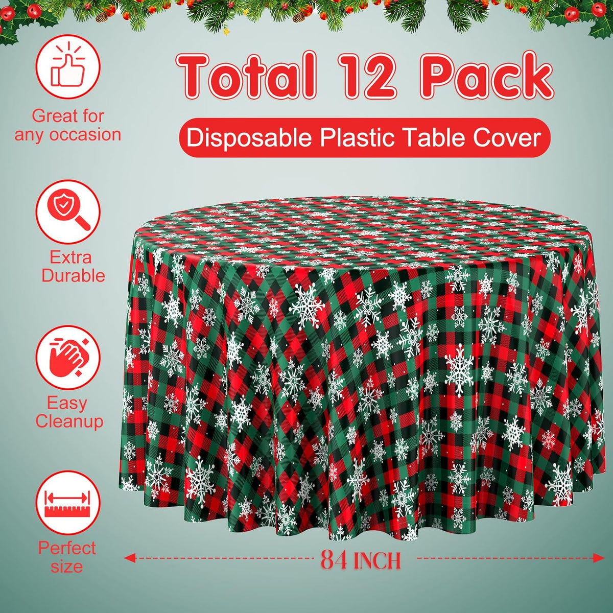 12Pcs Christmas Buffalo Plaid Snowflake Party Tablecloths Decorations,Plastic Red and Green