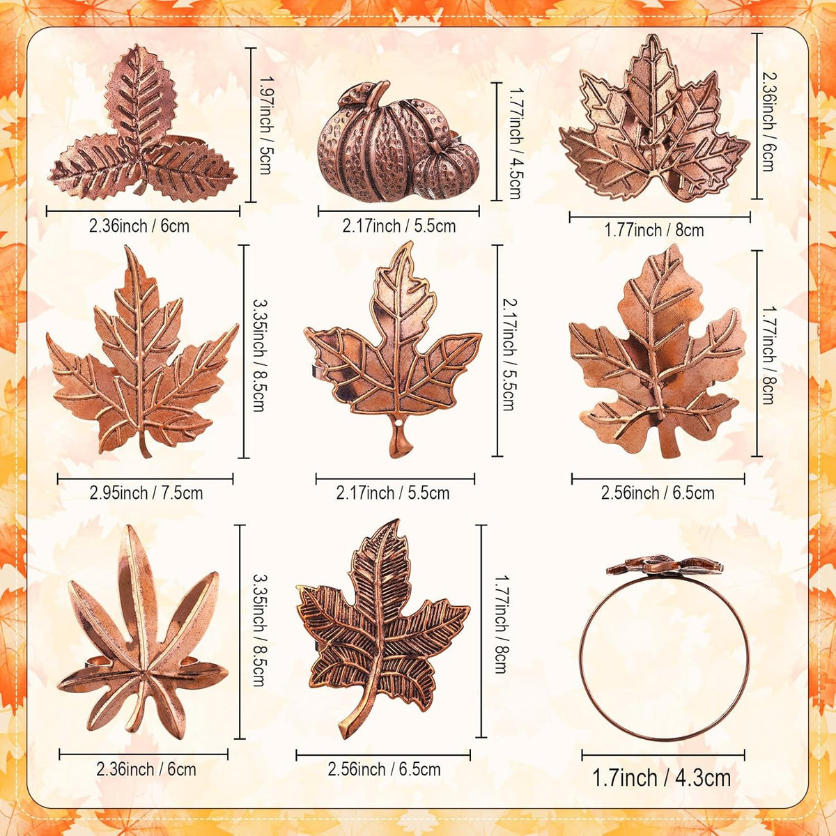 Remerry 8 Pcs Thanksgiving Napkin Ring Harvest Fall Leaf Pumpkin Holders Retro Alloy Metal Napkin