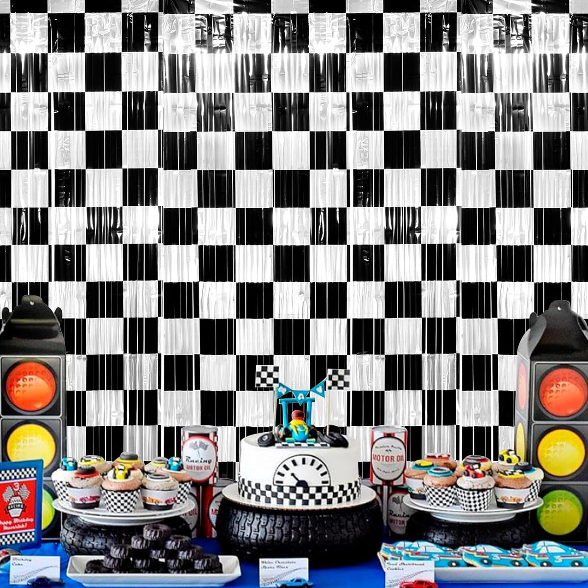3 Pack 3.3Ft x 6.6Ft Race Car Checkered Foil Fringe Curtain Backdrop Decorations, Black White
