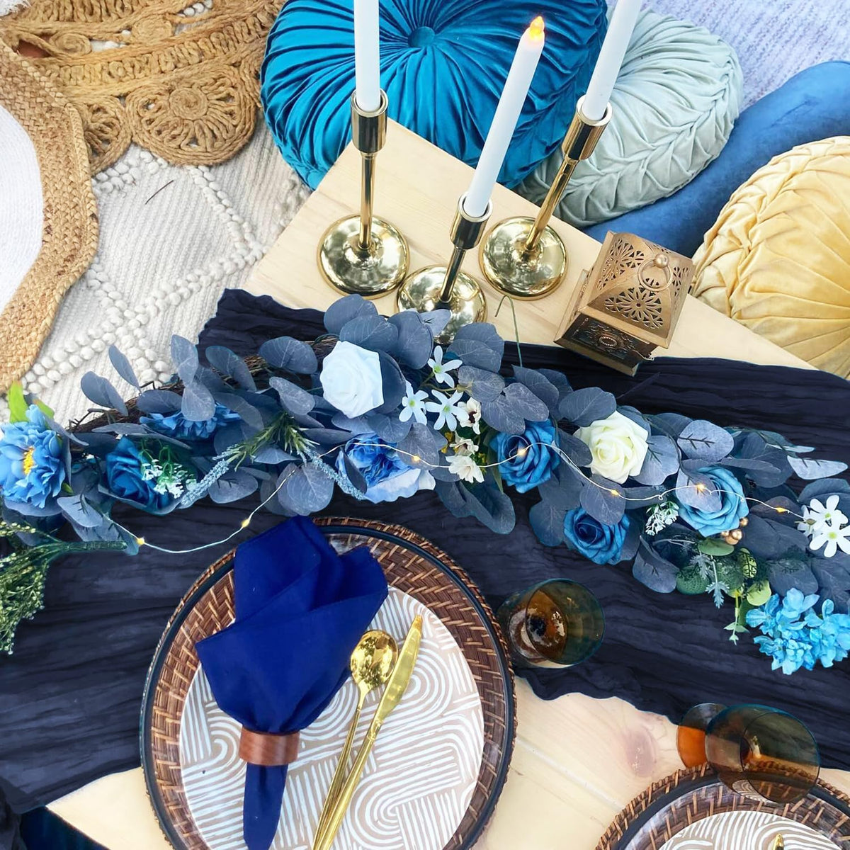 3 Pack Navy Blue Cheesecloth Table Runner 10FT Boho Gauze Cheese Cloth Table Runner Blue for