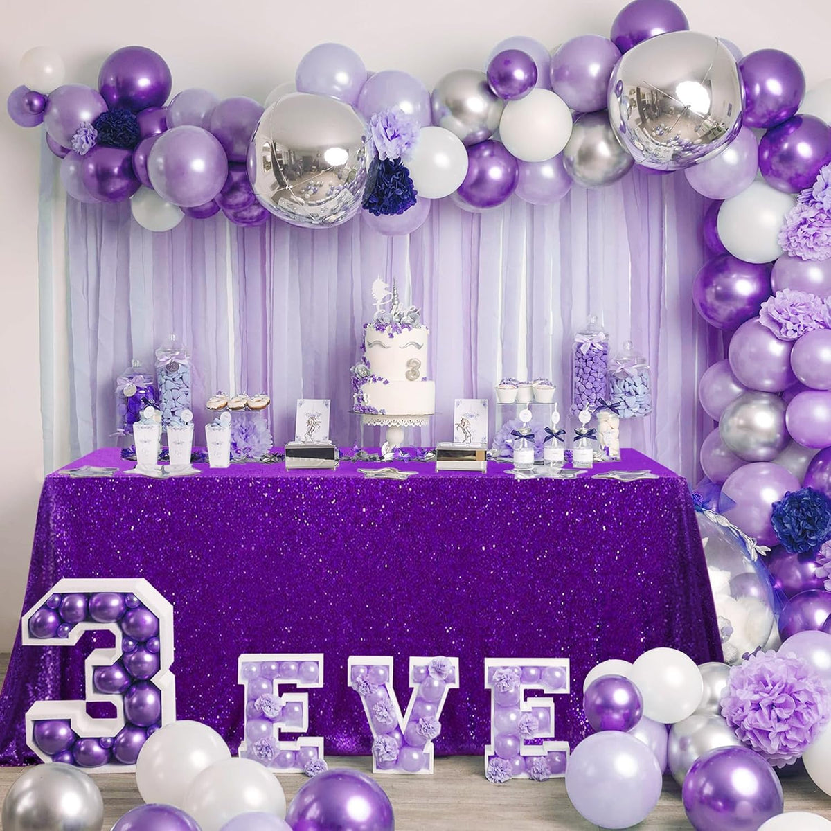 QueenDream Purple Tablecloth Sequin Fabric Table Cloths 90x90 Inch Halloween Party Decorations